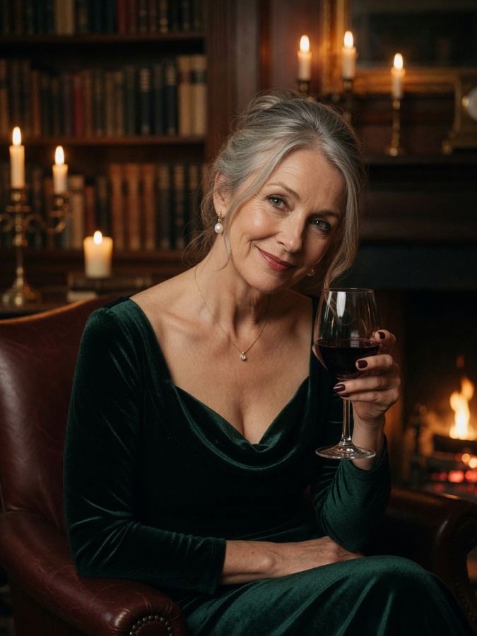 Margaret, by the fire with a glass of Bordeaux