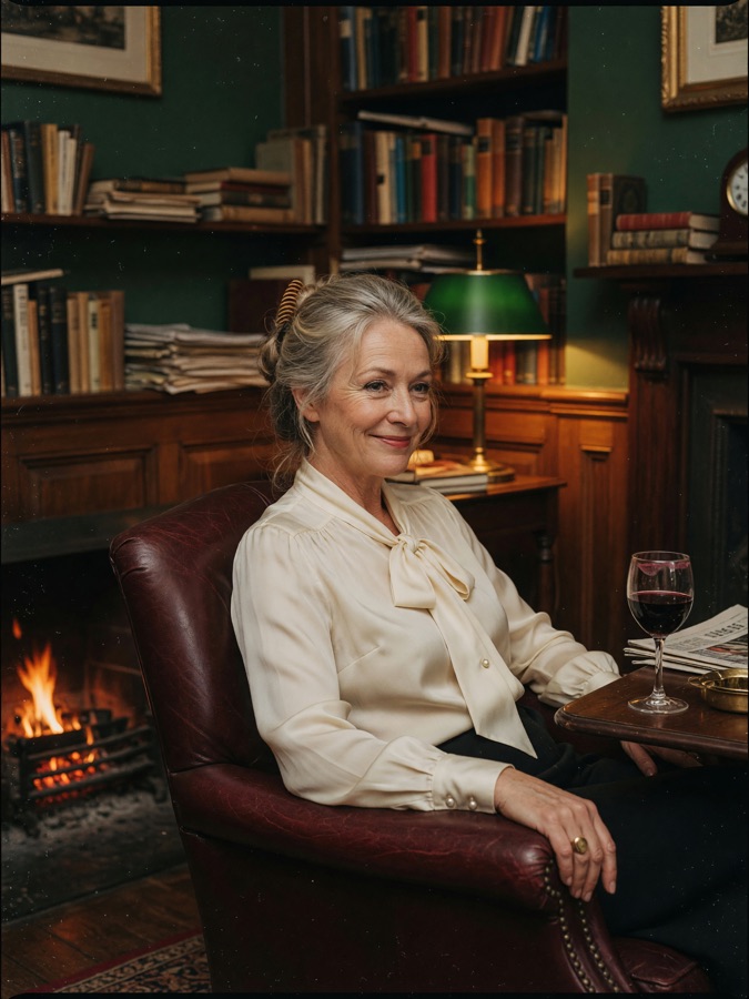 Margaret, by the fire in the reading room